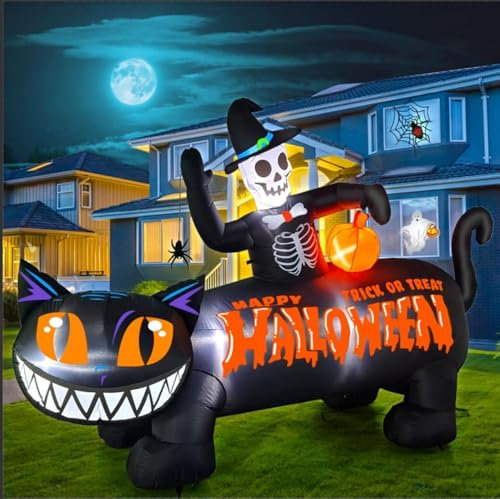 Kalolary 9.5Ft Aufblasbarer Schwarze Katze Totenkopf - Halloween Deko für Innen und Außenbereich