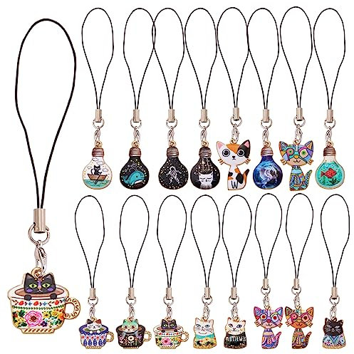 BEEFLYING 16 Stück Schlüsselanhänger-Schnur-Anhänger, Handy-Anhänger, Riemen, niedliche Katze, Handy-Anhänger, Kawaii-Hängezubehör für Handy und Schlüsselanhänger-Taschen (Katze)