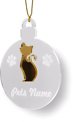 Personalised Pet Name Bauble Tree Decoration Cat Dog (Cat, Gold Mirror)