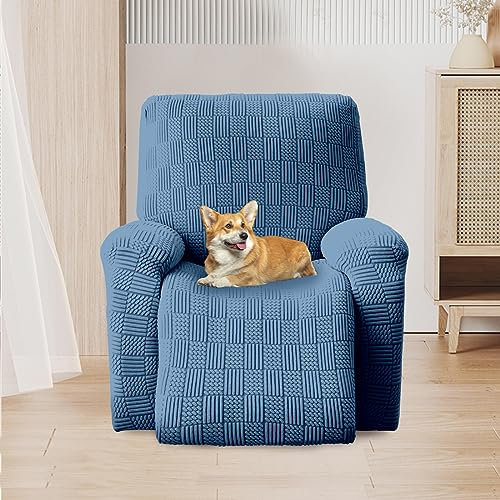 OKYUK Housse de Fauteuil Relax, Housse de Fauteuil inclinable Haute élasticité pour Fauteuil inclinable 4 pièces avec Poches latérales, Housses de Protection Amovibles et lavables(Bleu Rayé)