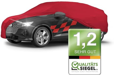 WALSER Premium Abdeckung Auto Indoor Stretch Plus Qualitätssieger Sehr Gut* Autoabdeckung Winter Autogarage Abdeckung Autoplane Winter Autogarage Abdeckung Winter Auto Abdeckplane SUV/Van Größe 9 rot