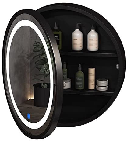 GLHalfM Runder Spiegelschrank, beleuchteter Badezimmerspiegelschrank, schwarzer Badezimmerspiegelschrank, Wand-Kosmetikspiegel mit Ablagefach (Größe: 70 cm)