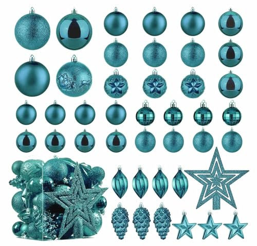 Christmas Ball Baubles Decoration Tree Ornaments including Balls Stars and a Tree topper Shatterproof Xmas Hanging 43 Pieces Set Home Office Outdoor indoor (Teal, Light Blue)