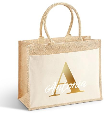 Love Faith Initialie Jute-Tasche - Personalisierte Stofftasche mit Initiale & Namen - Robuste und umweltfreundliche Einkaufstasche