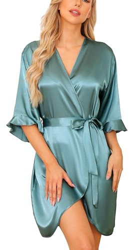 Wikoan Damen Satin Bademantel Leichter 3/4 Ärmeln Morgenmantel V-Ausschnitt Kimono Robe mit Gürtel Nachtwäsche Kimono Grau-grün M