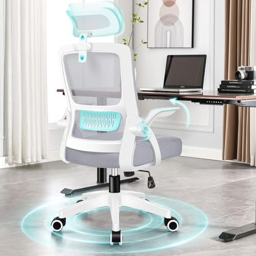 ALFORDSON Ergonomischer Büro-Schreibtischstuhl, Computerstuhl mit dynamischer Lordosenstütze, neigbarer Drehstuhl mit hochklappbarer Armlehne, Weiß und Grau