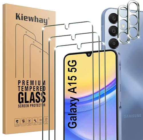 Kiewhay Protection écran pour Samsung Galaxy A15 5G Verre Trempé 6,5'', 3x Protecteur d’écran + 2x Caméra Arrière Protecteur, [9H DURETÉ] [Sans Bulles] 99,99% HD Vitre Trempé - 5 Pièces