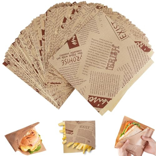 Amentalove 150 Stück Deli Papierblätter, Burger Papier, Burger Tüten, Sandwich Papier, Sandwich Tüten, Snacktaschen, Pommes Papiers für Korb, Wrap Papiers für Pommes Frites (15 x 15 cm)