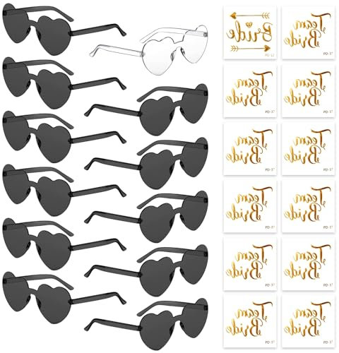 HIQE-FL Herz Sonnenbrille,12 Stück Herz Sonnenbrille Damen,Hippie Herzförmige Brille,Hippie Gläser,mit Tattoo Aufkleber,Randlose Herz Brille,für Geburtstagsfeiern, Hochzeiten, Außenaufnahmen