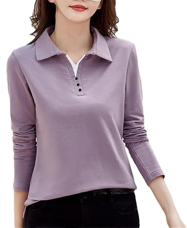 Polo da donna a maniche lunghe in cotone tinta unita con bottoni in maglia