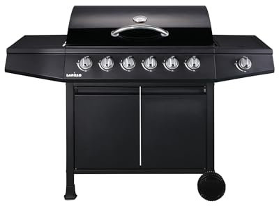 eacommerce - Barbecue a Gas 6+1 Bruciatori, Acciaio Verniciato Nero | Griglia in Ghisa Smaltata | Termometro Integrato, Mobiletto con 2 Ante, 6 Fuochi, Nero