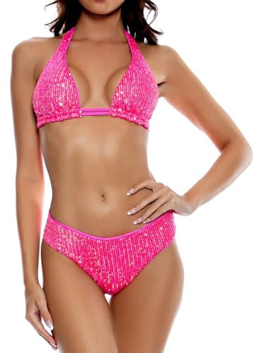 Yihuimin Haut de Bikini Triangle Maillot de Bain Femme 2 Pieces Sexy Bikini Bretelles String Paillettes Monokini S-L A Rose Vif S