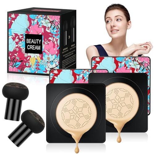 Pilzkopf Luftkissen CC Creme, 2pc Beauty Pilz-Luftkissen cc Cream, Cushion Foundation Concealer Make Up für Gesicht Hals, BB Creme Feuchtigkeitsspendende Aufhellende Gleichmäßiger Hautton(Natürliche)