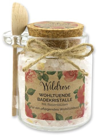 Florex Badesalz Wildrose grob mit Schafmilch im dekorativen Glas mit Holzlöffel 300 g
