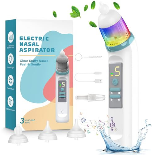 Daxiongmao Nasensauger Baby, IPX7 Wasserdichter elektrischer Vorschule automatischer Reiniger, Baby Nasensauger Baby mit 3 Silikonspitzen, einstellbare 5 Stufen Saugkraft, Musik & bunte