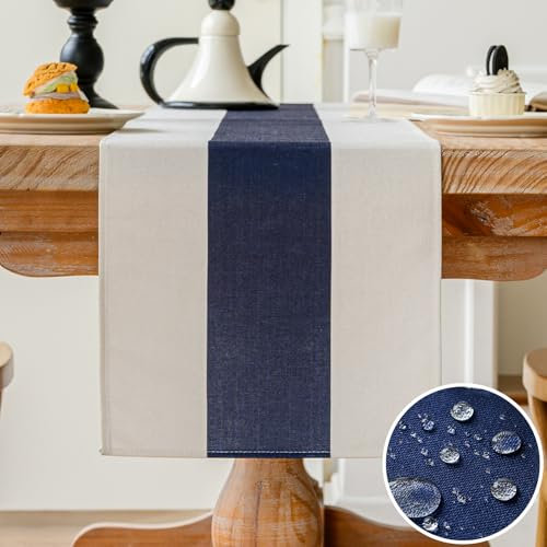Vorysum Modern Dekoration Leinen Tischläufer Wasserabweisend, Abwaschbar - Outdoor Sommer Garten für Hochzeit Esszimmer Party Urlaub (Navy Blau, 40 x 140 cm)