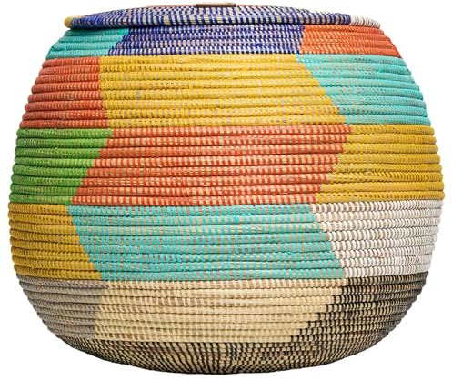 YAADU geflochtener Korb mit Deckel – Aufbewahrungskorb für Decken & Spielzeug, Afrikanischer Dekokorb, Höhe ca. 35cm, Modell Femi (Bunt-Flach)