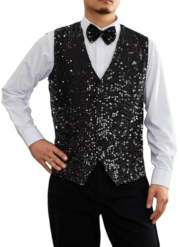 Caziffer Glänzende Pailletten-Weste für Herren, tiefer V-Ausschnitt, einfarbig, Partykleid, Anzugweste, Fliege, Knopf, Weste für Business, Hochzeit, Schwarz , M