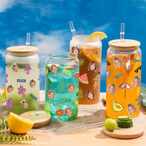 KEMEILA 16oz/20oz Tasse à café glacé,Tasses à café glacé avec couvercles et pailles, Personnalisation Tasses en verre en forme de canette (Stil 7)