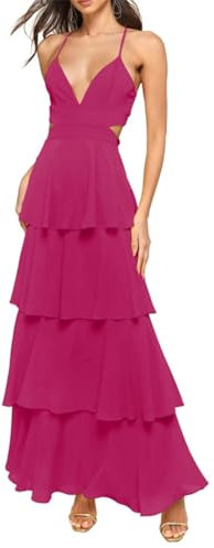 SAMHO Vestido de dama de honor de gasa con volantes para boda, con tirantes delgados, cuello en V, vestido de graduación, fucsia, 34