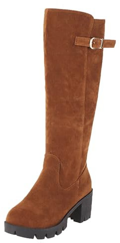 Lmtossey Stivali alti al ginocchio da donna rotondi in finta pelle scamosciata metà 6 cm tacco a blocco stivali alti da donna scarpe fatte a mano, Lgz3851 Marrone, 43.5 EU