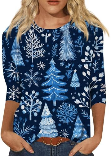 Sexy Weihnachts-Outfit, bedrucktes Oberteil für Damen, modisch, 3/4-Ärmel, Rundhalsausschnitt, lässig, vielseitig, lockere Passform, Blusen, Basics, athletische Leggings, blau, S