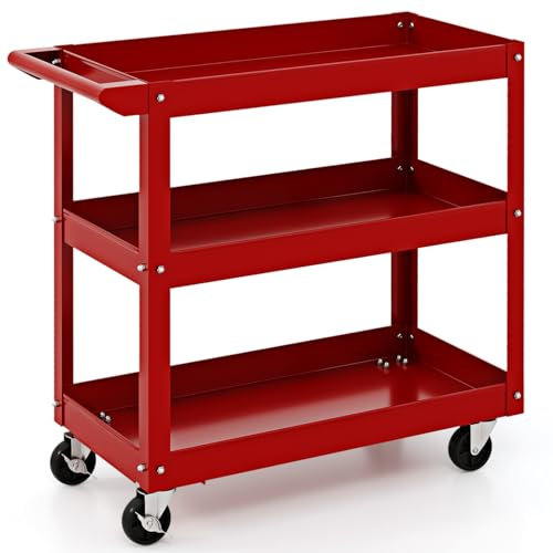 COSTWAY 3 Tiers Tool Trolley, Heavy Duty Service Cart with Handle and Lockable Wheels, Rolling Workshop DIY Storage Trolley for Garage Restaurant Kitchen (1 Flat Handle, Red)
