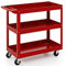 COSTWAY 3 Tiers Tool Trolley, Heavy Duty Service Cart with Handle and Lockable Wheels, Rolling Workshop DIY Storage Trolley for Garage Restaurant Kitchen (1 Flat Handle, Red)