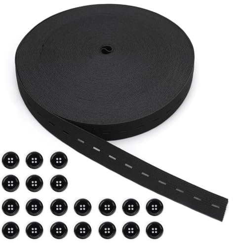 AIDUCHO 1 Rolle Elastisches Gummiband, 30mm x 30m, Schwarz mit 20 Knöpfen, für Hosenrock, Stirnband, Nähen, Stricken