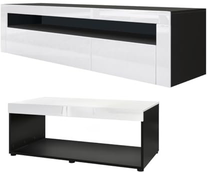 Vladon Wohnzimmer-Set Berlin, bestehend aus 1 TV-Board mit 1 offenem Fach und 2 Klappen und 1 Couchtisch, Schwarz matt/Weiß Hochglanz