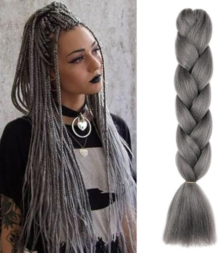 Dcbaboo Braids Extensions Kunsthaar Haare zum Einflechten 1pcs 60cm 100g Ombre Jumbo Braiding Hair Kanekalon Haarverlängerungen Zöpfe Afro Crochet Twist Flechten Braids Haare für Braids, Dunkles Grau