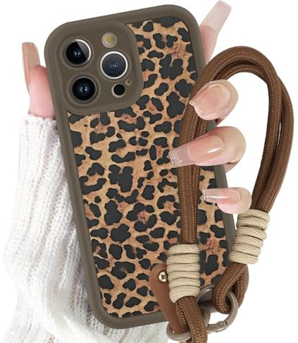 Yirlbey Funda con Cuerda Strap para iPhone 14 Pro Max 6,7, Silicona Carcasa con Colgante Cordon Correa Cuerdas con Aesthetic Leopardo Marrón Dibujos, Antigolpes Caso Cover para iPhone14 Pro Max, Vaca