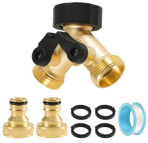 Nilioyul Garden Hose Splitter 2 Way Y Valve Tap Connector Brass Manifold Distributor with On/Off and Two 3/4 Adapter Pipe for Outdoor,Courtyard,Kitchen Multi Purpose Port Connections Fittings