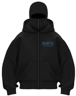 CCOOfhhc Balaclava Zip Hoodie Herren mit Sturmhaube Oversized Y2K Ninja Hoodie mit Doppel Kapuze Winddichter Kapuzenpullover mit Fleece Streifen Winter Sweatshirt Warme Übergangsjacke 2026