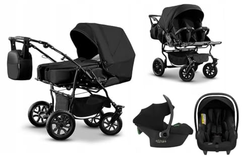 Zwillingskinderwagen 3-in-1 Kinderwagen und Zubehör 3-teilig: 2 Babywannen + 2 Kinderwagen + 2 Babyschalen + Zubehör BBtwin DUET TRIO schwarz