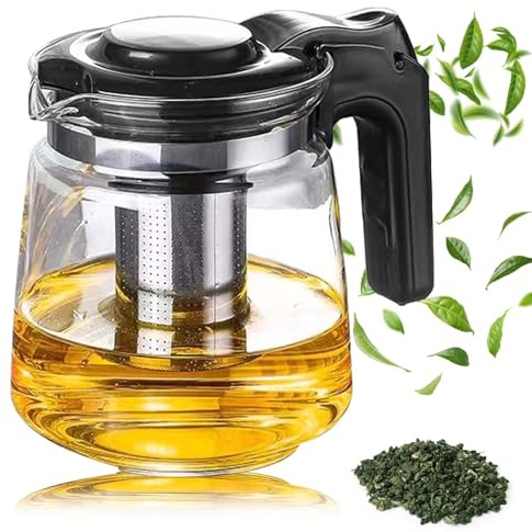 1,6L Glaskanne mit Sieb, Teekanne Glas, 13.5x15cm Hitzebeständige Teekanne aus Borosilikatglas mit Edelstahl-Feinfilter & kühlem Griff & Deckel für Heiße & Kalte Getränke Blühenden Tee Losen