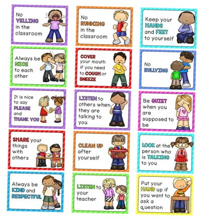 TTETTZ 15pcs Englisch Klassenzimmer Regeln Poster Unterricht Tools Mädchen Jungen Verhaltensnormen Kinder zeigen Wanddekore für die Vorschule