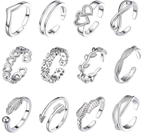 12 PCS Zinc Alloy Toe Rings, Adjustable Hypoallergenic Heart Open Toe Ring Set Summer Beach Foot Jewelry Gifts for Women Girls