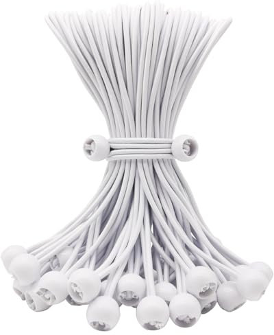 BINCKIN Lot de 50 tendeurs élastiques avec boule, 25,4 cm, accessoires de tente d'extérieur robustes pour bâche de camping, auvent et fixations (blanc)