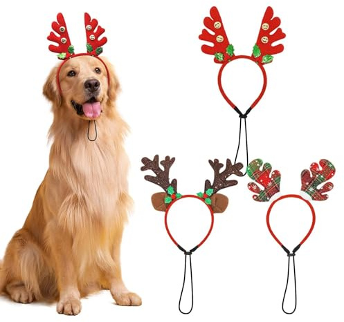 SAIIURV 3 Pièces Bandeau De Noël pour Animal De Compagnie Chien Chat Bois De Renne Réglable Couvre-Chef De Wapiti avec Bonnet