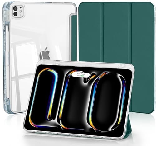 4UBonLife Custodia per iPad Pro 11 Pollici M5 2025/M4 2024 con Portapenne, Cover Retro Rigido Chiaro Trasparente, Smart Case Antiurto Anti-Ingiallimento, Verde Notte