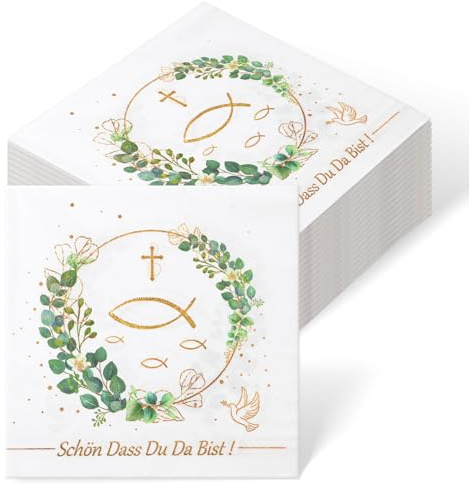 Servietten Kommunion Konfirmation Taufe Tischdeko, 40 Stück Servietten Schön Dass Du Da Bist, Fisch Eukalyptus Servietten Hochzeit Geburtstag Deko für Mädchen Junge