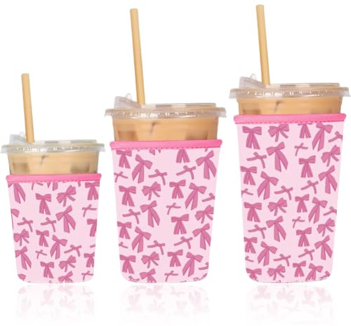 PRESSINART 3 Pack Reusable Iced Coffee Cup Sleeve for Cold Beverages Universal Fit 16-32oz, Pink Neoprene Cup Sleeve Holders Bow Pattern for Iced and Hot Drinks Tumblers Mugs Travel Office Daily Use