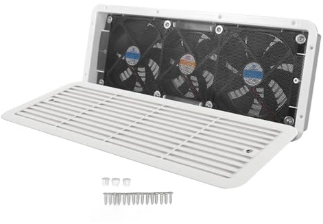 Juqrelith 12V RV Kühlschrank Ventilator, 3 Lautlose Lüfter, ABS Material, 479x189x55mm - Effektive Kühllüftung, Schutznetz, Vielseitige Anwendung für Wohnmobile und Boote
