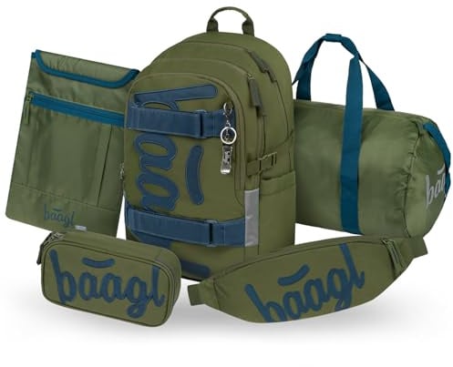 Baagl Schulrucksack Set Jungen 5 Teilig Schulranzen 25 l - Olive