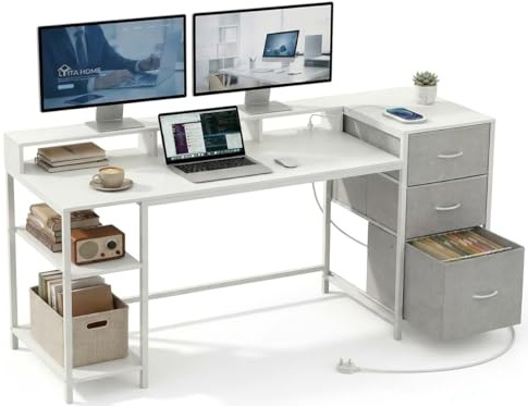 YITAHOME Bureau Ordinateur avec Tiroirs et Prise d'alimentation, 144x50cm Table Gaming avec Support Écran et Étagères, Coin Bureau avec Rangement et Tiroir Classeur, Table Informatique, Blanc