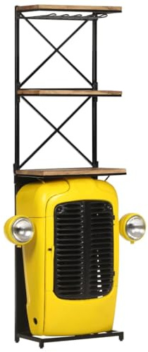 Bendmaxx Traktor-Weinschrank Gelb aus Mango Massivholz 49x31x172 cm mit 9 Flaschenhaltern, 2 Einlegeböden, freistehend und wandmontierbar für Küche, Esszimmer, Hausbar, Bistro und Keller