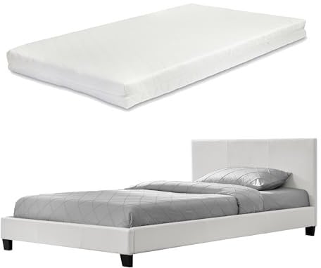 Corium Polsterbett mit Matratze - 160 x 200 cm - Weiß Kunstleder - mit Lattenrost