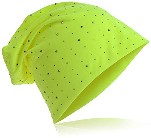 Miobo Jersey Slouch Beanie Long Mütze mit edler Strass Nieten Applikation Unisex Unifarbe Herren Damen Trend,Neongelb