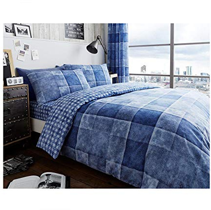 De Lavish Duvet Cover Set Super King Size superKing Bed With Pillowcases Quilt Bedding Set Printed Reversible Poly Cotton, Denim Check Blue